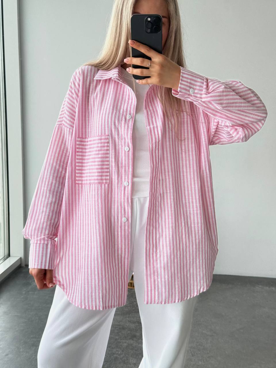 Women Oversized Pink Striped Linen Shirt Casual Beach and Work Wear
