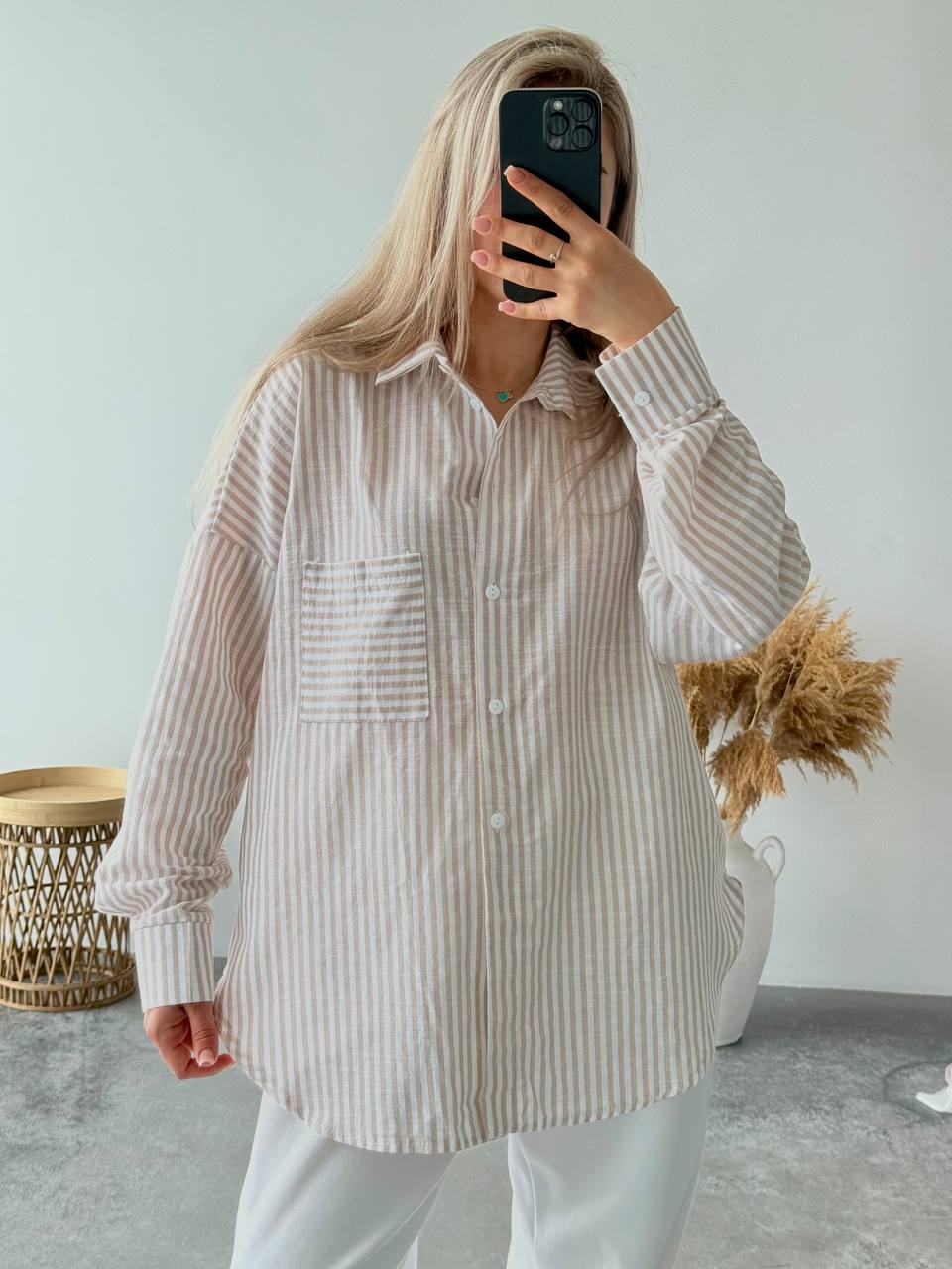 Oversize Natural Linen Striped Shirt for Women