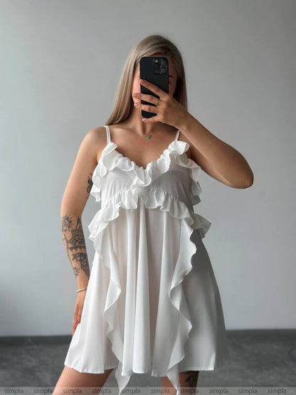 White Boho Ruffle Mini Dress with Adjustable Straps