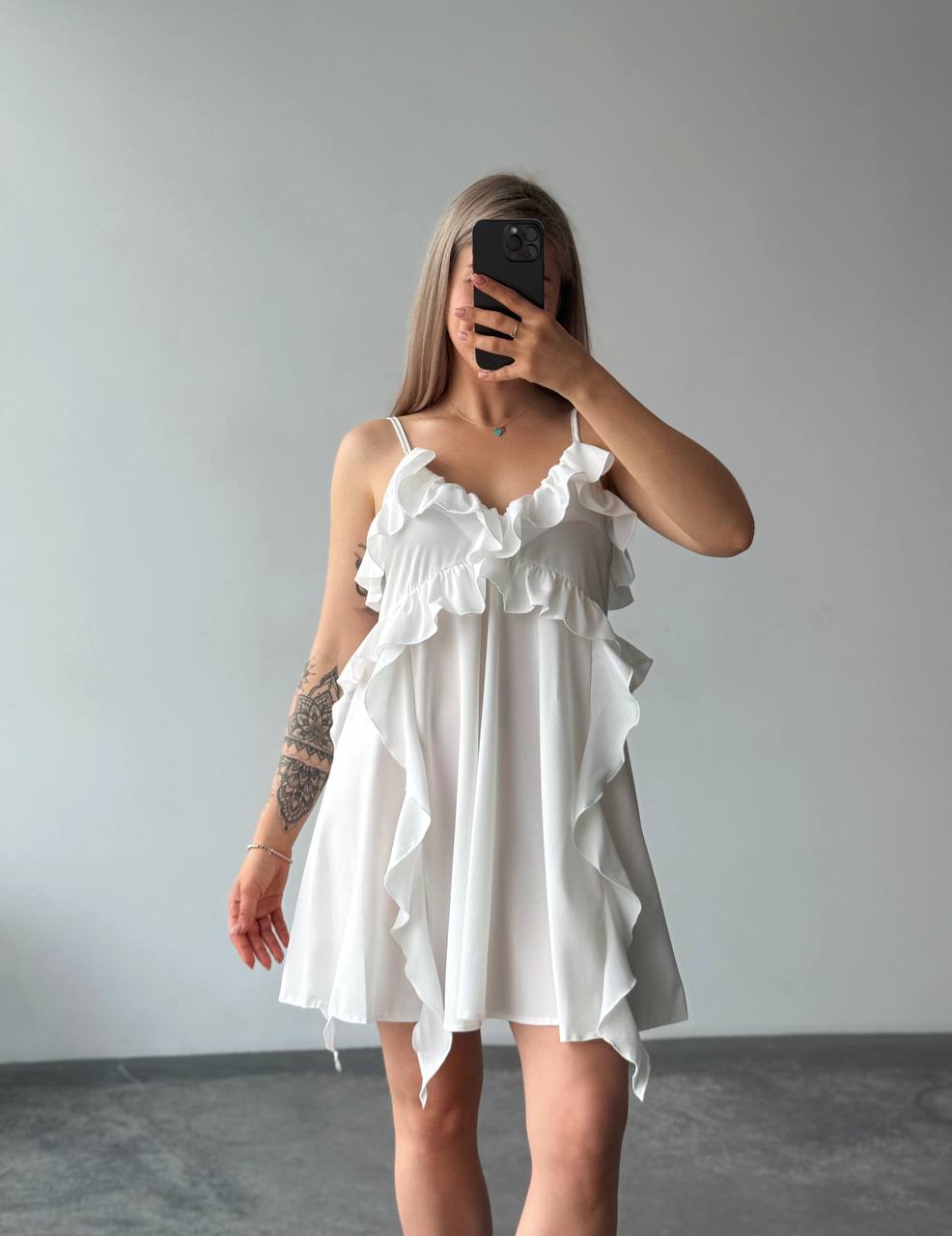 White Boho Ruffle Mini Dress with Adjustable Straps