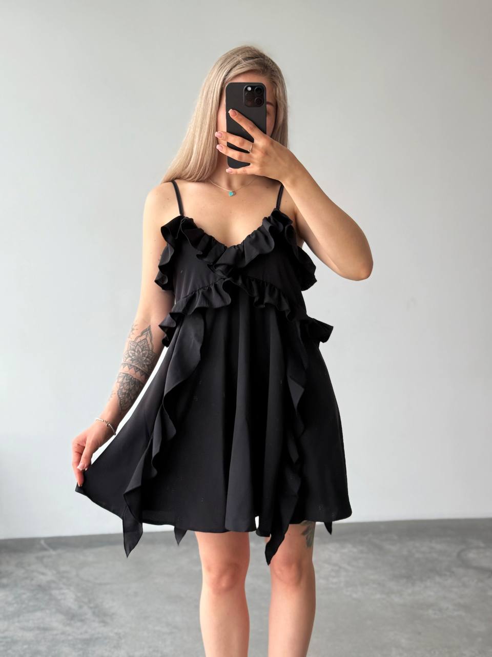 Black Boho Style Ruffle Dress with Adjustable Straps