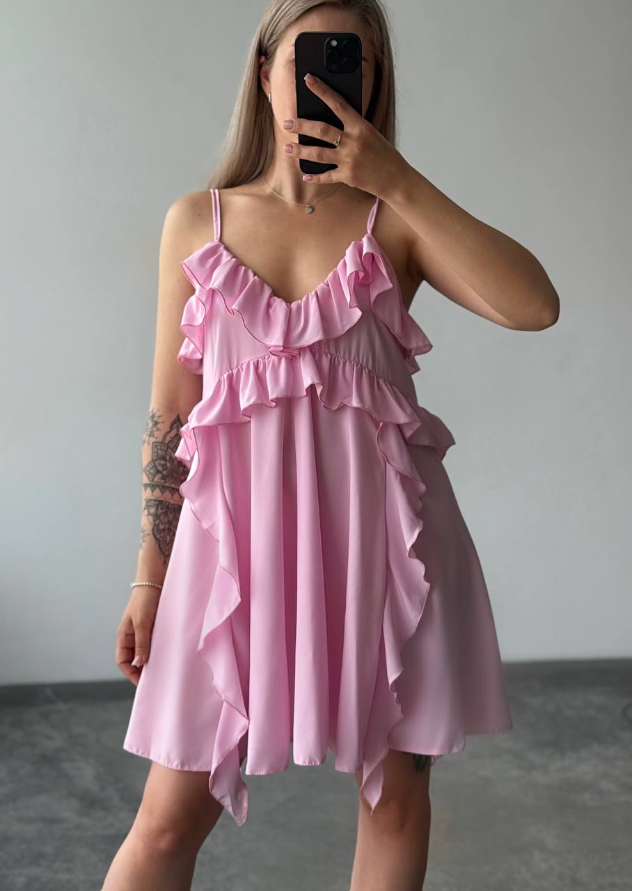 Lightweight Pink Boho Dress with Adjustable Straps and Ruffles