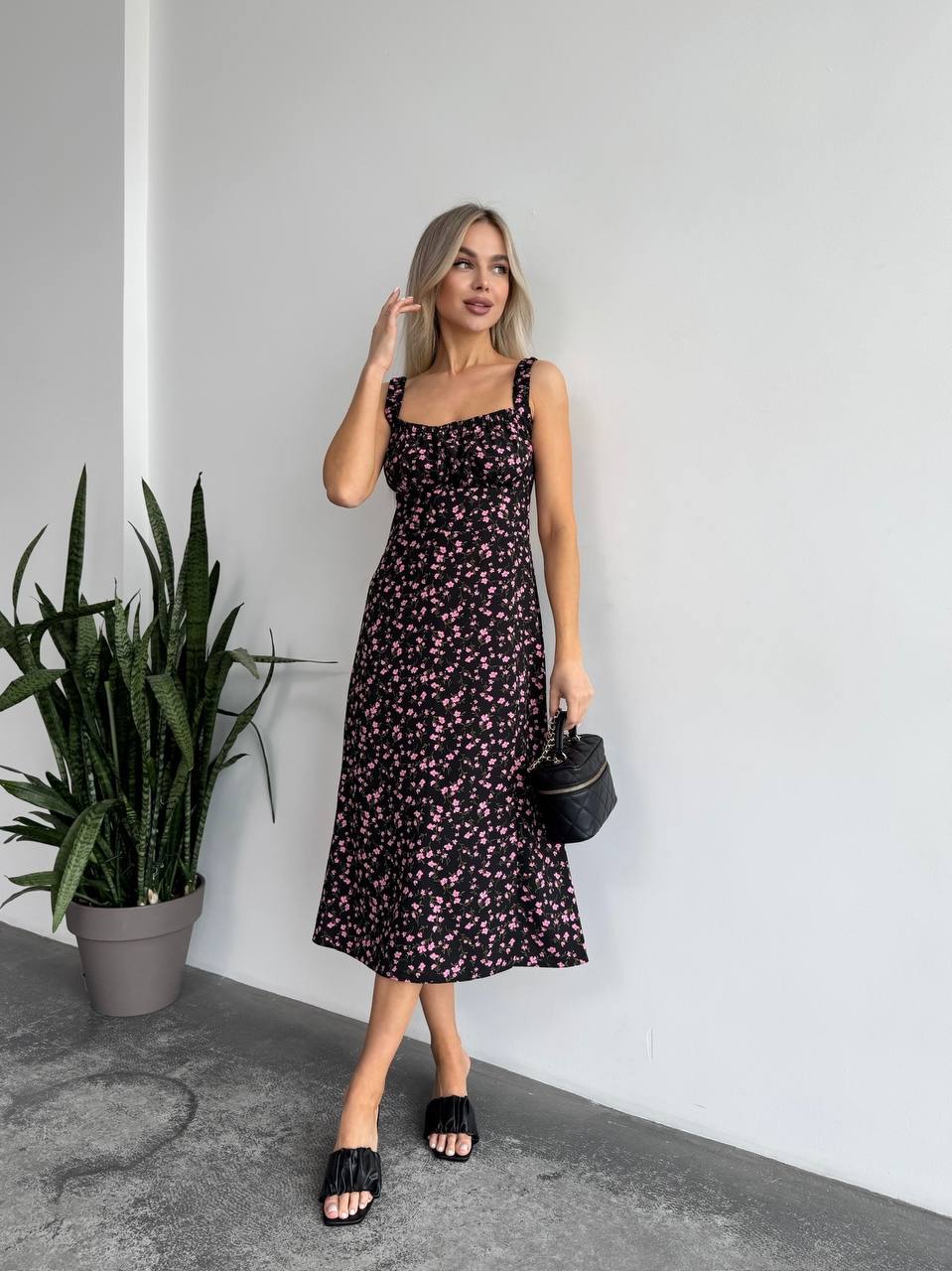 Lightweight Black Floral Summer Dress with Spaghetti Straps