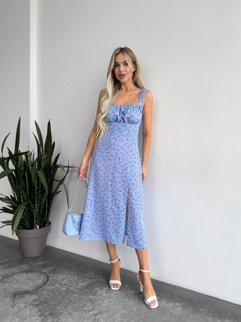Light Blue Floral Spaghetti Strap Summer Dress
