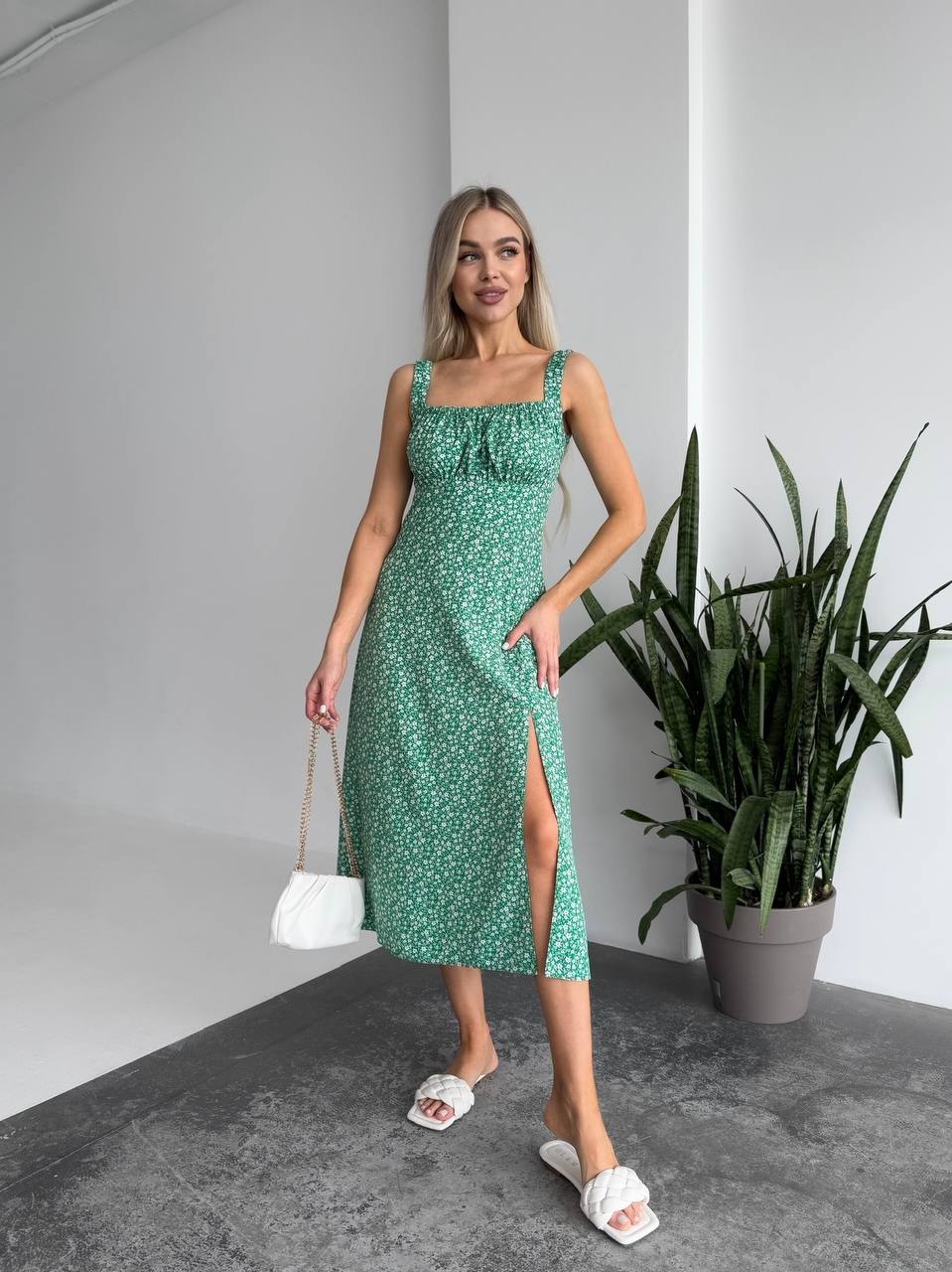 Green Summer Dress with Slit and Spaghetti Straps