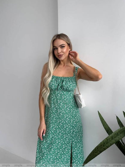 Green Summer Dress with Slit and Spaghetti Straps