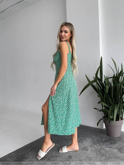 Green Summer Dress with Slit and Spaghetti Straps