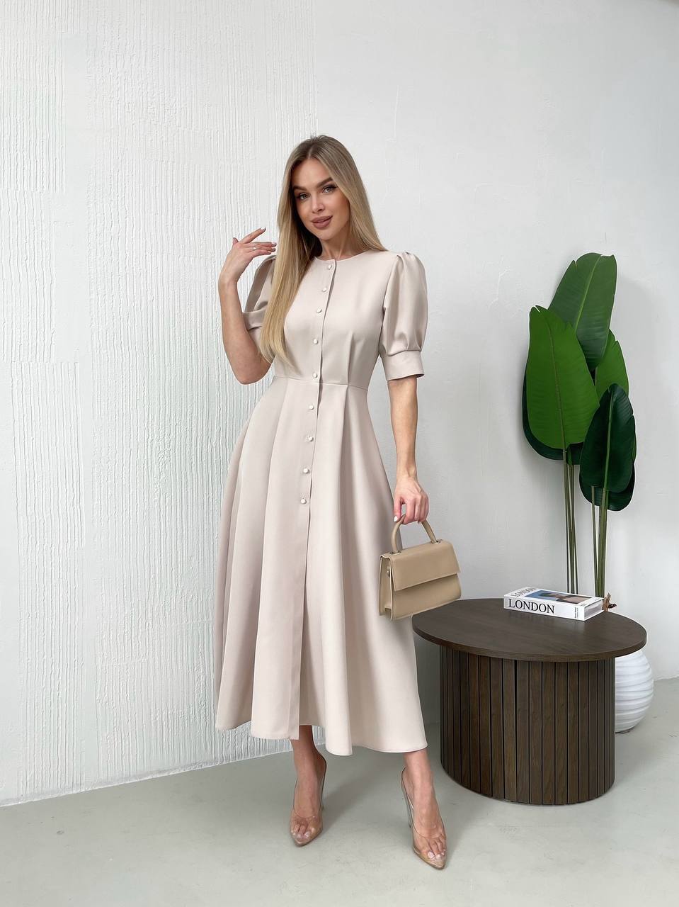 Elegant Beige Midi Dress with Button Front and Puff Sleeves