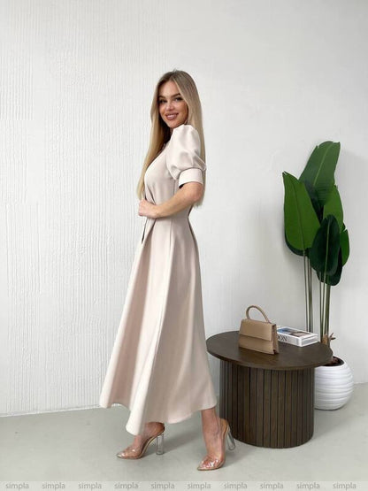 Elegant Beige Midi Dress with Button Front and Puff Sleeves