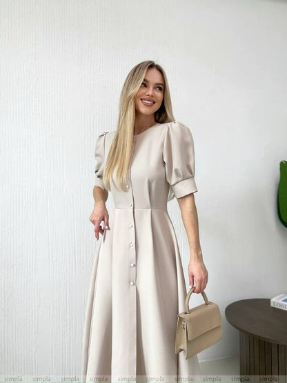 Elegant Beige Midi Dress with Button Front and Puff Sleeves