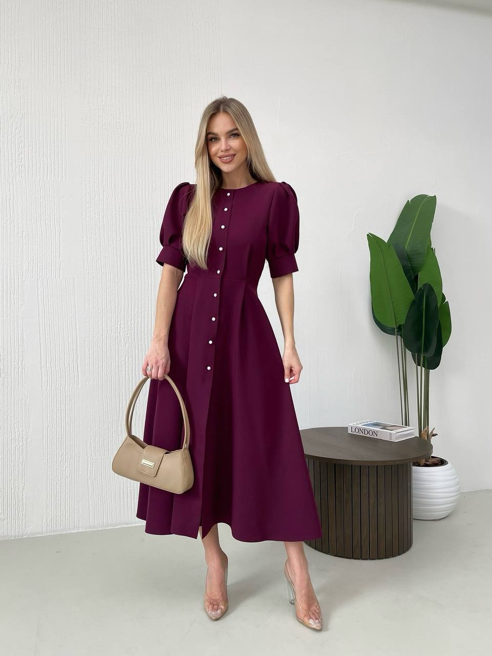 Elegant Burgundy Midi Dress with Puff Sleeves and Button Front