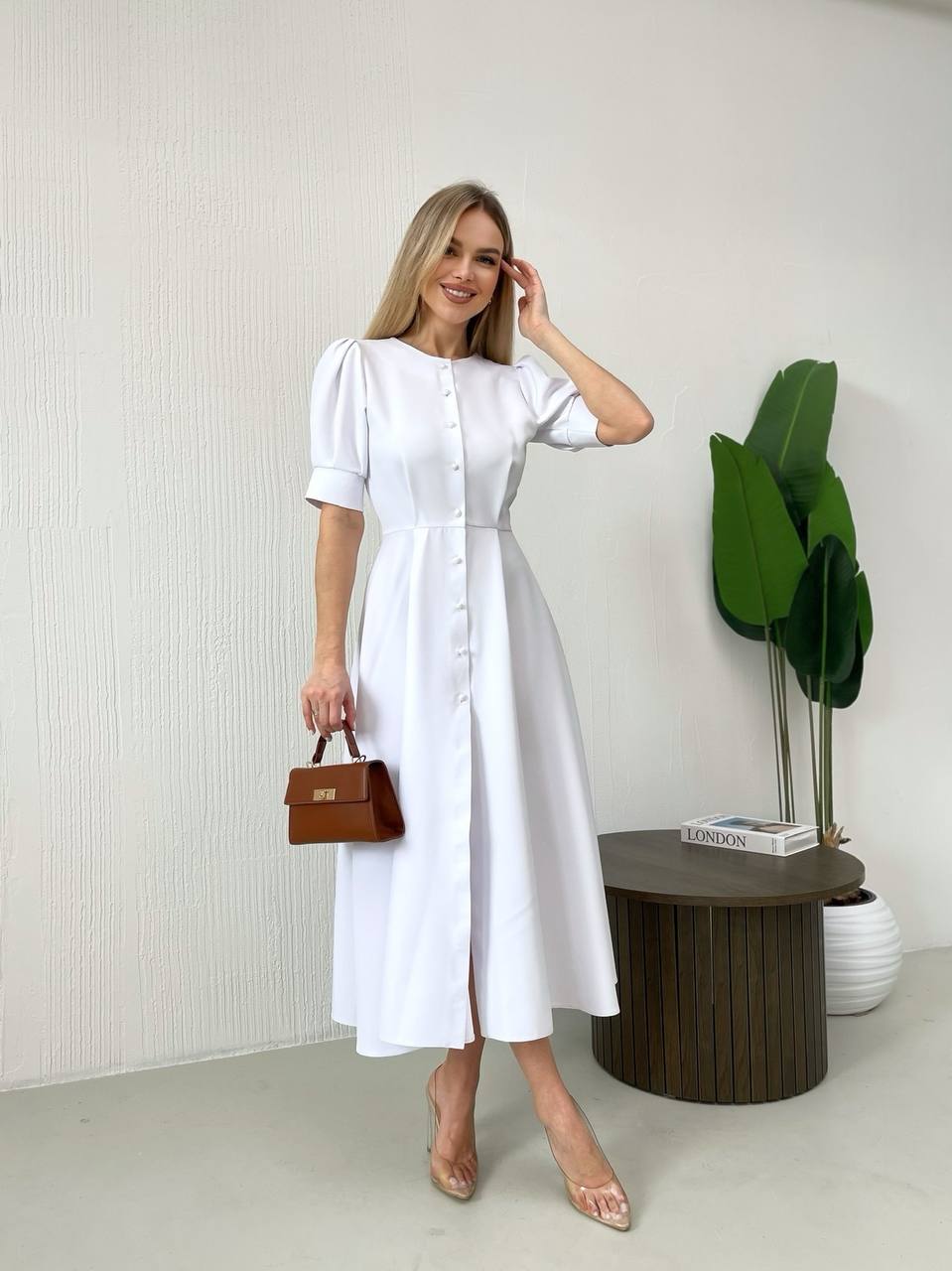 Elegant White Midi Dress Button-Front for Special Occasions