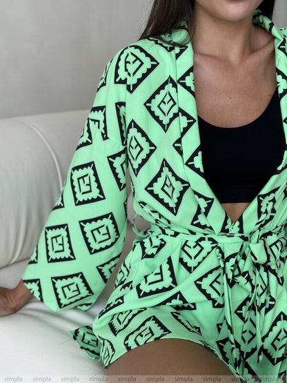 Womens Green Patterned Soft Fabric Kimono Set with Shorts
