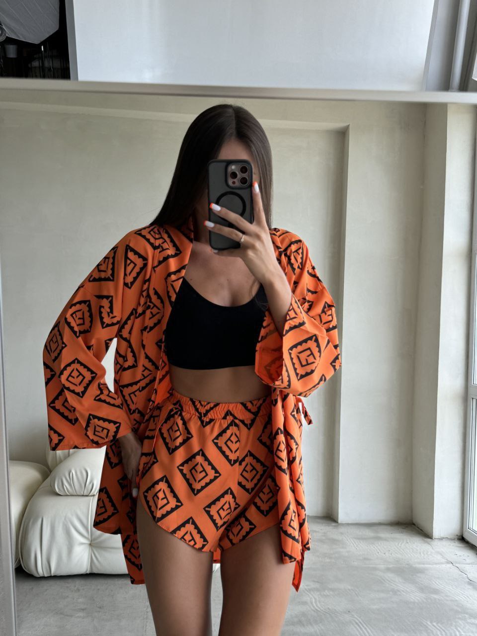 Women's Orange Soft Fabric Set with Ukrainian Symbolic Patterns - Shorts and Kimono