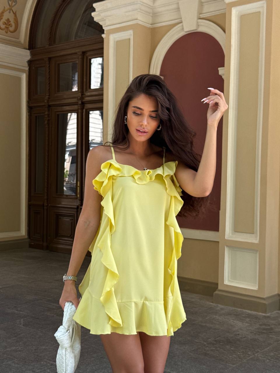 Yellow Mini Dress with Adjustable Straps and Ruffle Detail