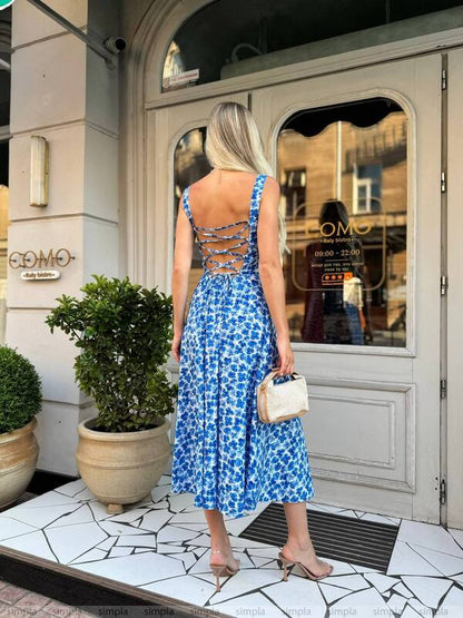 Blue Floral Print Midi Dress with Unique Back Design