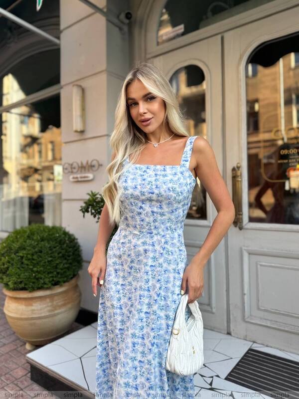 Blue Floral Print Midi Dress with Square Neck and Unique Back Design