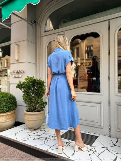 Light Blue Summer Dress with Elastic Waist and Side Pockets