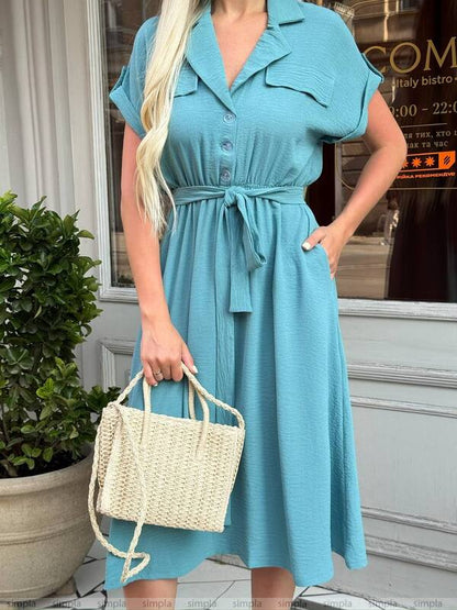 Light Blue Summer Dress with Elastic Waist and Side Pockets