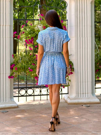 Light Blue Printed Cotton Dress with Elastic Waist and Fabric Belt