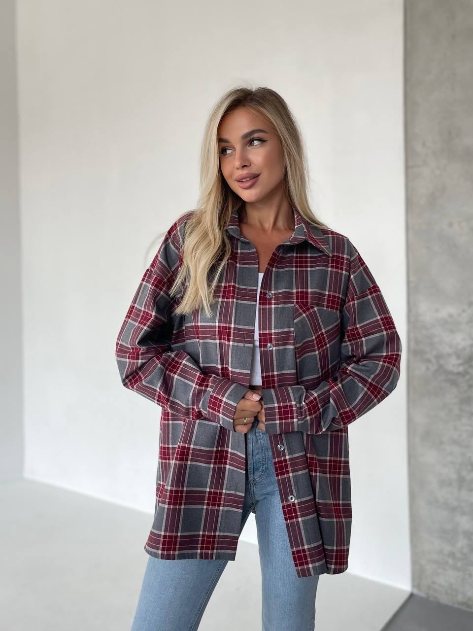 Oversized Flannel Shirt with Red and Grey Plaid Pattern