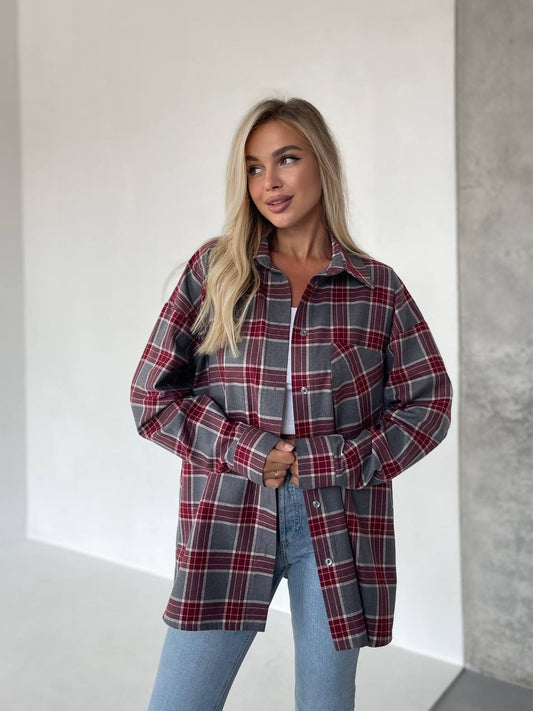 Oversized Flannel Shirt with Red and Grey Plaid Pattern