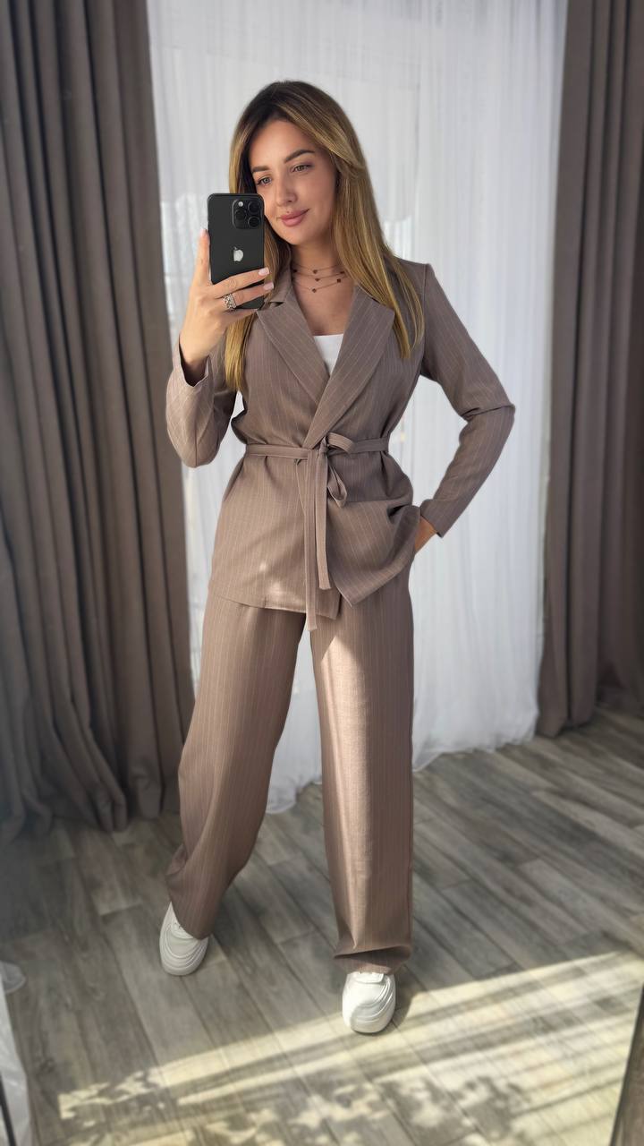 Womens Brown Cotton Crepe Suit with Wrap Jacket and Wide Leg Pants
