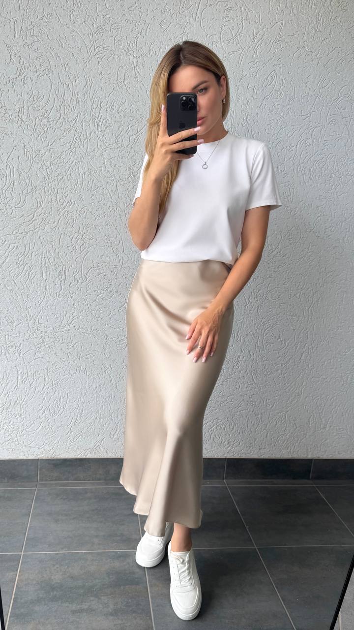Beige Midi Skirt with Elastic Waistband Stretch Silk Fabric