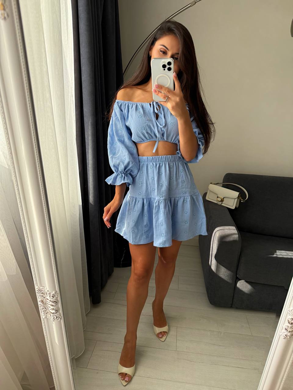 Blue Cotton Two-Piece Set Off-Shoulder Top and Skirt