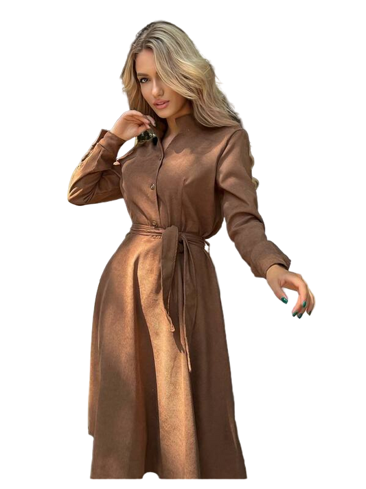 Brown Corduroy Midi Dress with Belt for Autumn