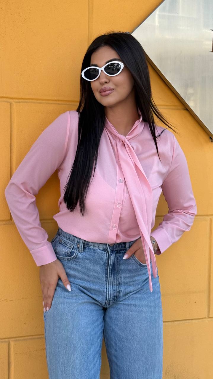 Pink Crepe Chiffon Blouse with Tie Neck