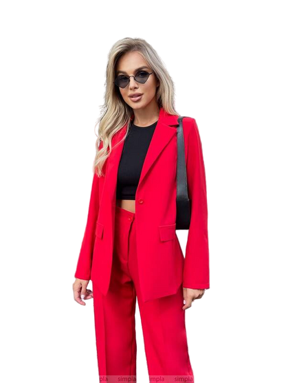 Women's Red Stylish Two-Piece Suit with Structured Blazer