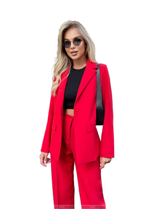 Women's Red Stylish Two-Piece Suit with Structured Blazer
