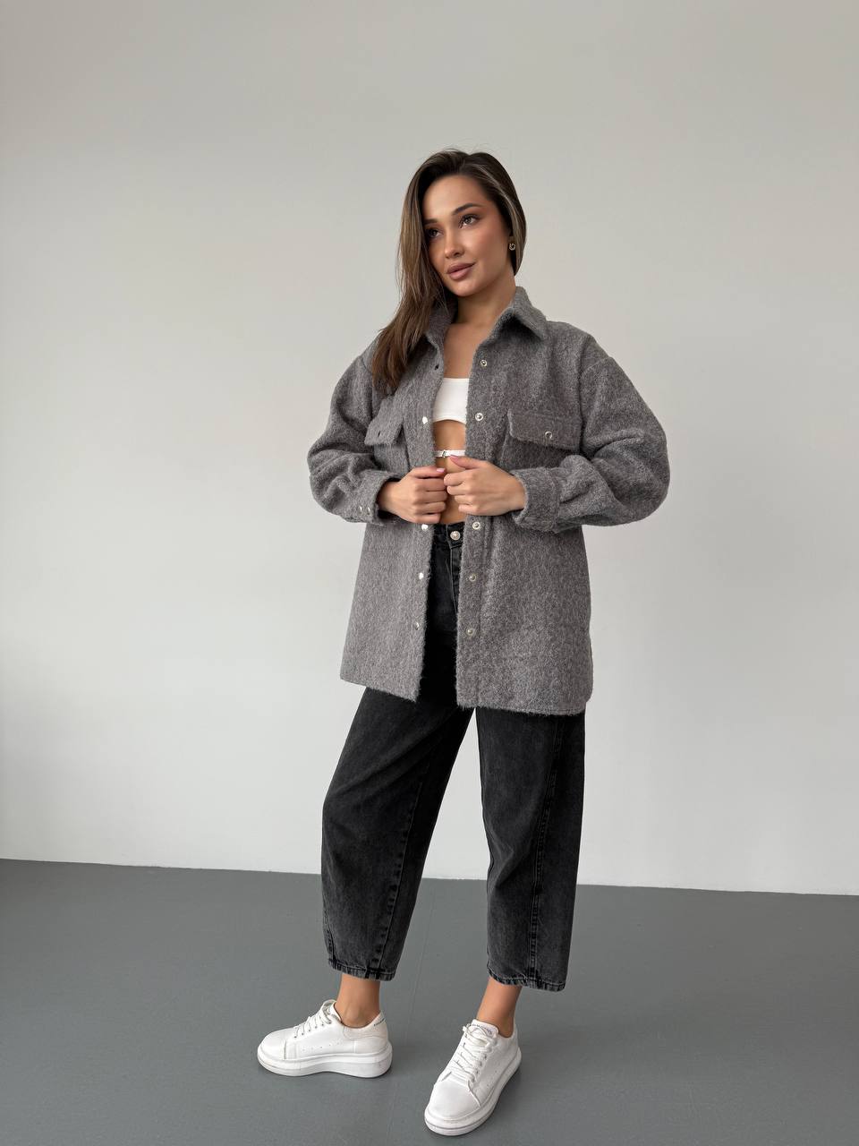 Stylish Women's Grey Bouclé Wool Shirt Jacket with Metal Buttons
