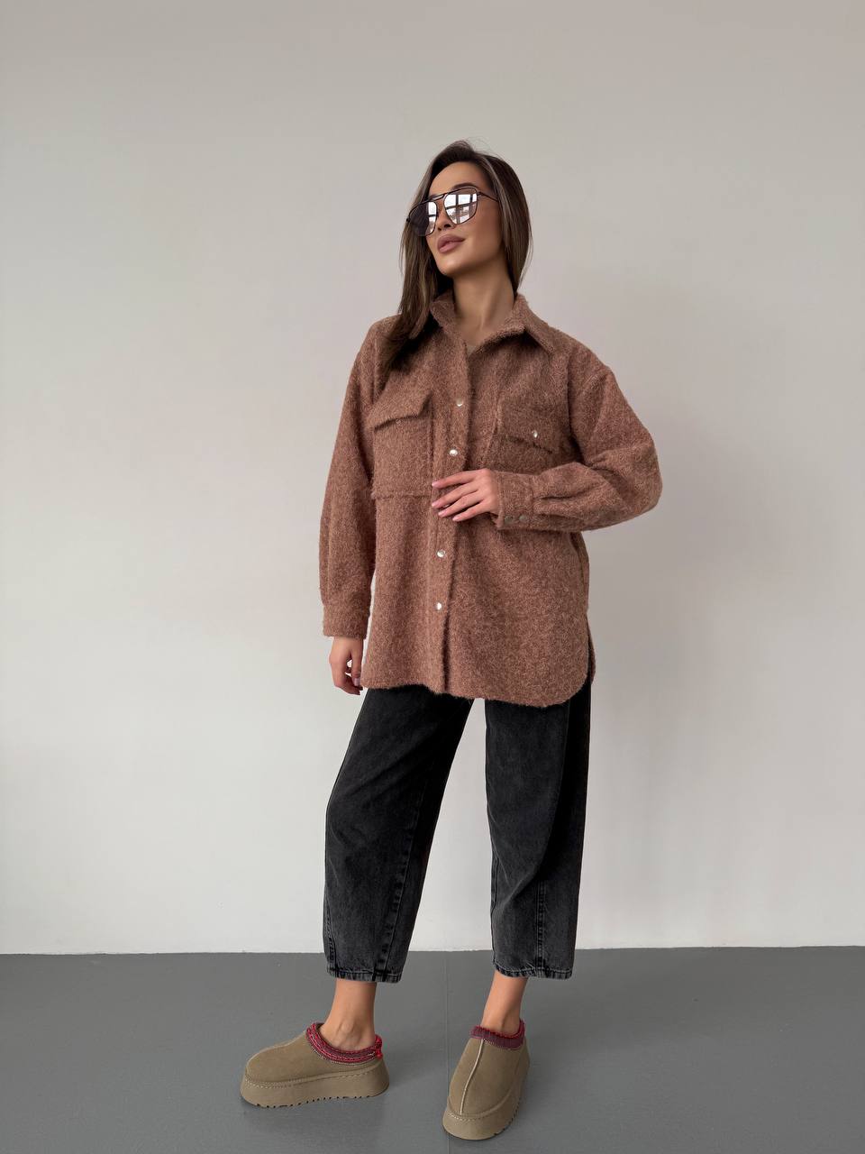 Womens Stylish Wool Boucle Shirt Jacket in Brown