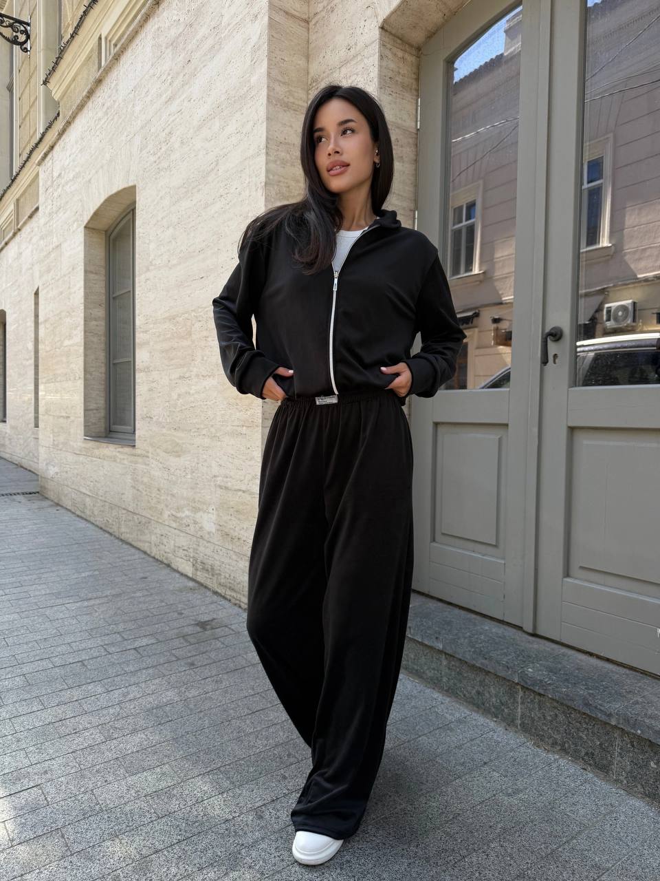 Black Velour Tracksuit with Zip Hoodie and Palazzo Pants