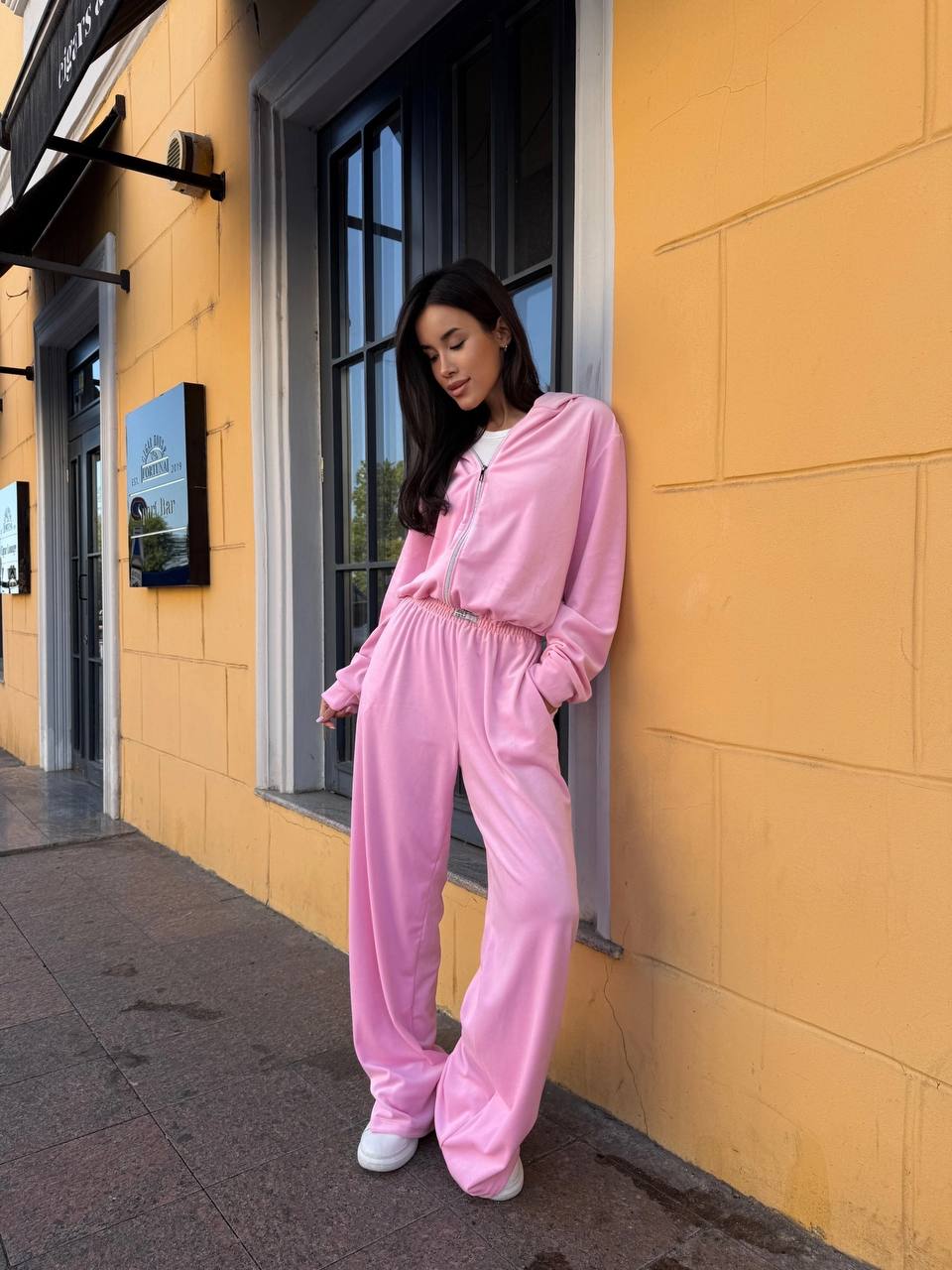 Pink Velour Tracksuit with Hooded Zip-Up Jacket and Palazzo Pants