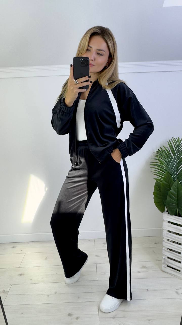 Black Velour Tracksuit with White Stripes