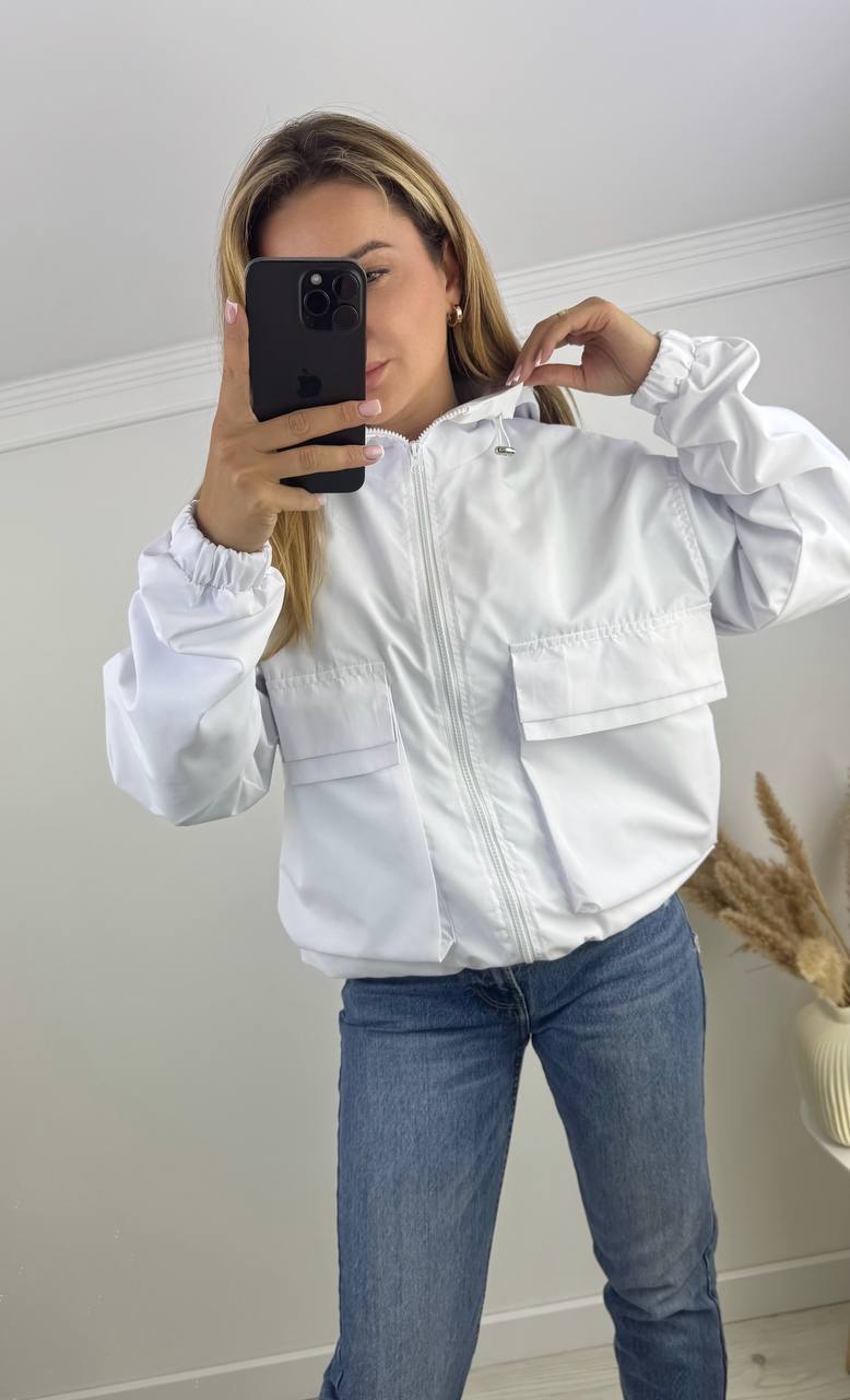 White Lightweight Windbreaker Jacket with Hood and Elastic Cuffs