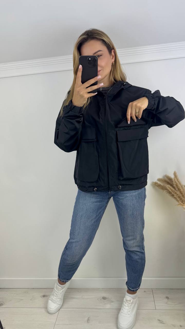 Black Windbreaker Jacket with Hood and Adjustable Drawstrings