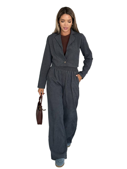 Women Charcoal Corduroy Suit Set Casual Evening Outfit