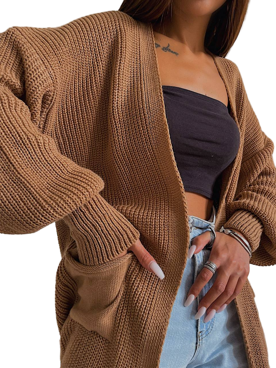 Stylish Long Brown Knit Cardigan for Women