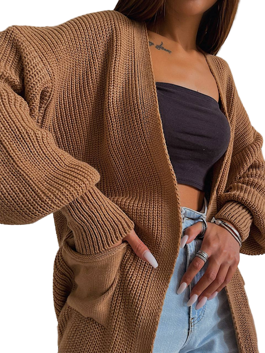 Stylish Long Brown Knit Cardigan for Women