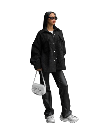Black Oversize Fluffy Fur Shirt Teddy Shacket for Women