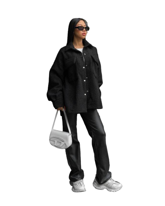 Black Oversize Fluffy Fur Shirt Teddy Shacket for Women