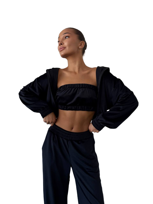 Black Velour Three Piece Suit Hoodie Crop Top Wide Leg Pants Loungewear Set
