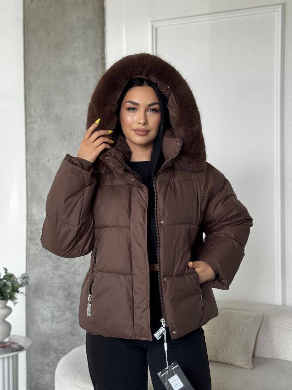 Womens Winter Puffer Jacket Brown Removable Fur Hood Insulated Polyester Biopuff