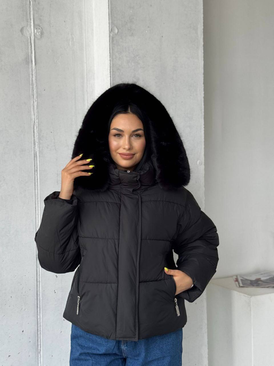 Womens Black Winter Jacket Detachable Hood Real Fur Insulated Puffer