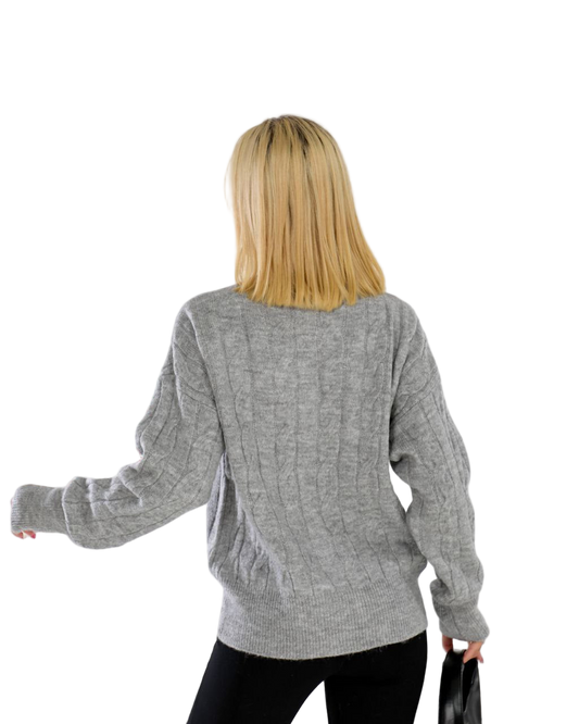 Oversized Grey Cable Knit Cardigan Button Front