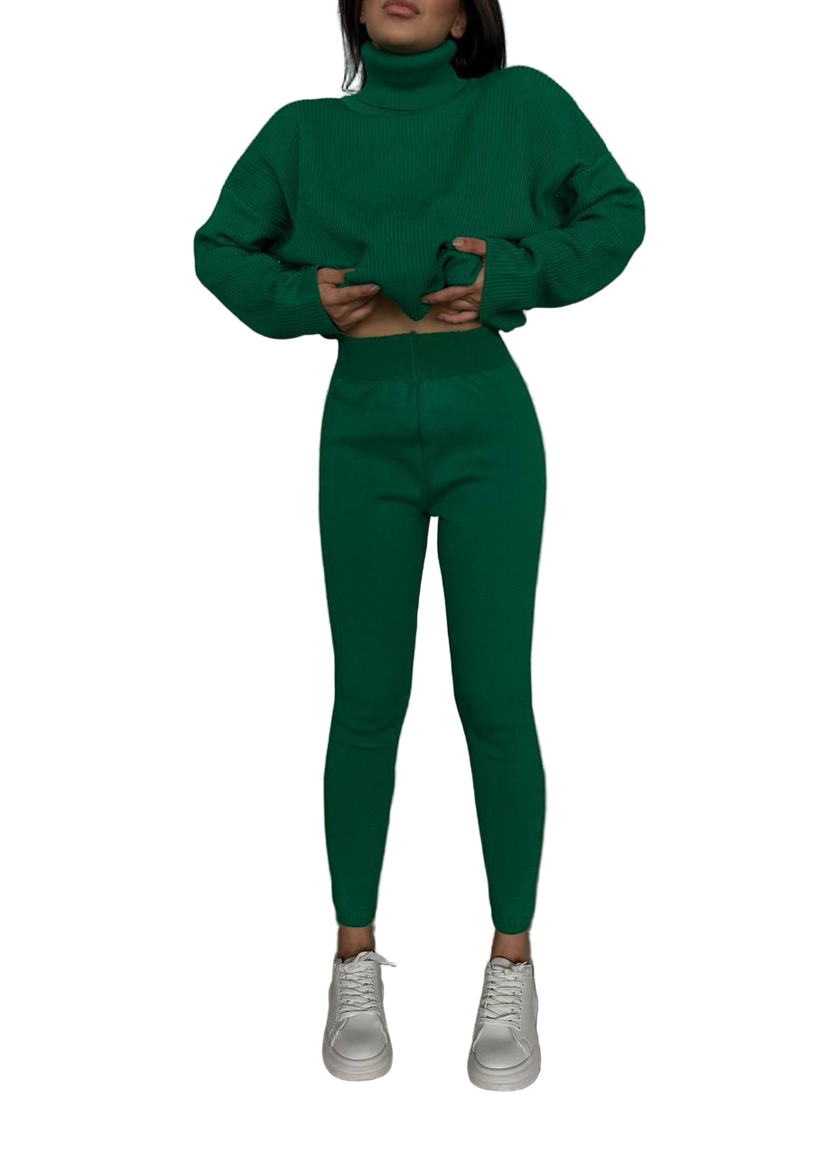 Green Ribbed Knit Oversized Turtleneck Sweater and Shaping Leggings Set